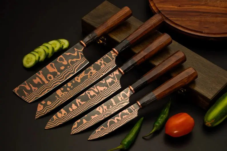Chef Knife Set, 5-Piece Copper Damascus Steel Kitchen Knives with Rosewood Handles, Hand-Forged Chef Cutlery, Anniversary & Wedding Gift