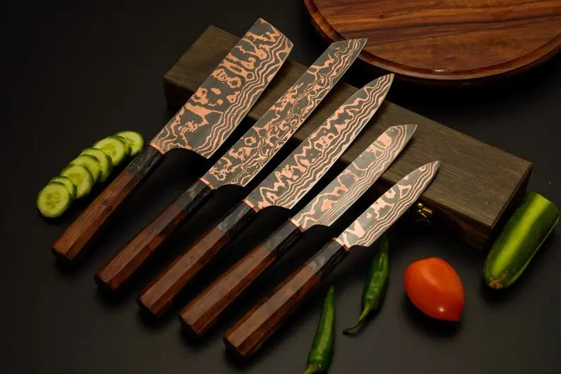 Chef Knife Set, 5-Piece Copper Damascus Steel Kitchen Knives with Rosewood Handles, Hand-Forged Chef Cutlery, Anniversary & Wedding Gift