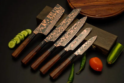 Chef Knife Set, 5-Piece Copper Damascus Steel Kitchen Knives with Rosewood Handles, Hand-Forged Chef Cutlery, Anniversary & Wedding Gift
