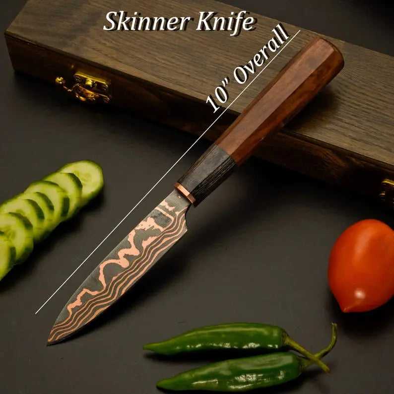 Chef Knife Set, 5-Piece Copper Damascus Steel Kitchen Knives with Rosewood Handles, Hand-Forged Chef Cutlery, Anniversary & Wedding Gift