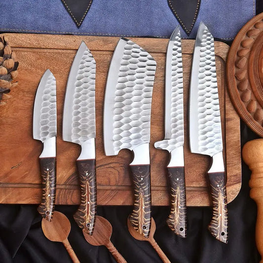 Handmade Chef Knife Set | 5-Piece Hand Forged Stainless Steel Kitchen Knives with Pinecone Resin Handles & Leather Roll Bag, Custom Engraved Gift