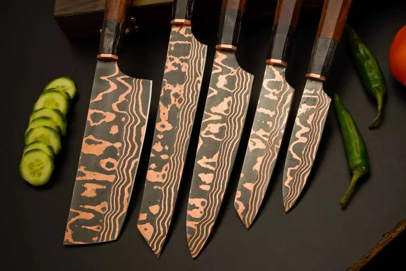 Chef Knife Set, 5-Piece Copper Damascus Steel Kitchen Knives with Rosewood Handles, Hand-Forged Chef Cutlery, Anniversary & Wedding Gift
