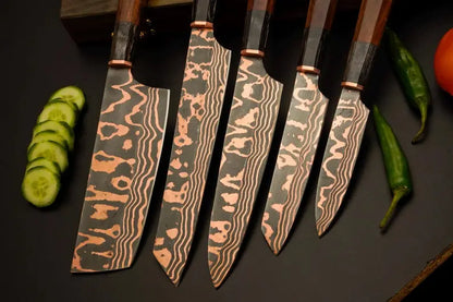 Chef Knife Set, 5-Piece Copper Damascus Steel Kitchen Knives with Rosewood Handles, Hand-Forged Chef Cutlery, Anniversary & Wedding Gift