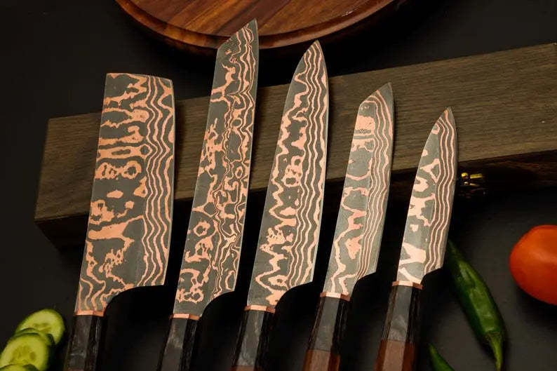 Chef Knife Set, 5-Piece Copper Damascus Steel Kitchen Knives with Rosewood Handles, Hand-Forged Chef Cutlery, Anniversary & Wedding Gift