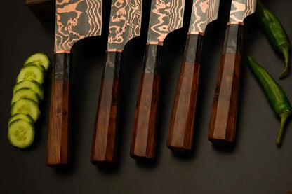 Chef Knife Set, 5-Piece Copper Damascus Steel Kitchen Knives with Rosewood Handles, Hand-Forged Chef Cutlery, Anniversary & Wedding Gift