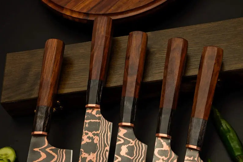 Chef Knife Set, 5-Piece Copper Damascus Steel Kitchen Knives with Rosewood Handles, Hand-Forged Chef Cutlery, Anniversary & Wedding Gift