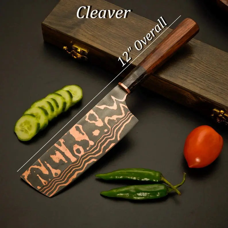 Chef Knife Set, 5-Piece Copper Damascus Steel Kitchen Knives with Rosewood Handles, Hand-Forged Chef Cutlery, Anniversary & Wedding Gift