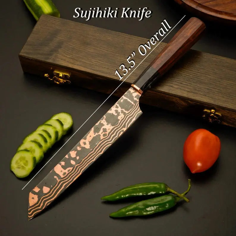 Chef Knife Set, 5-Piece Copper Damascus Steel Kitchen Knives with Rosewood Handles, Hand-Forged Chef Cutlery, Anniversary & Wedding Gift
