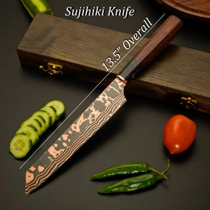 Chef Knife Set, 5-Piece Copper Damascus Steel Kitchen Knives with Rosewood Handles, Hand-Forged Chef Cutlery, Anniversary & Wedding Gift