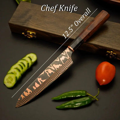 Chef Knife Set, 5-Piece Copper Damascus Steel Kitchen Knives with Rosewood Handles, Hand-Forged Chef Cutlery, Anniversary & Wedding Gift