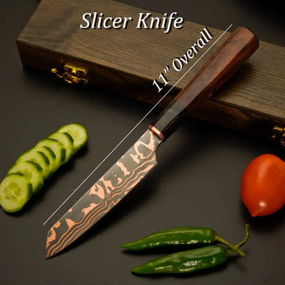 Chef Knife Set, 5-Piece Copper Damascus Steel Kitchen Knives with Rosewood Handles, Hand-Forged Chef Cutlery, Anniversary & Wedding Gift