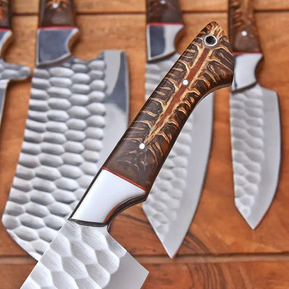 Handmade Chef Knife Set | 5-Piece Hand Forged Stainless Steel Kitchen Knives with Pinecone Resin Handles & Leather Roll Bag, Custom Engraved Gift