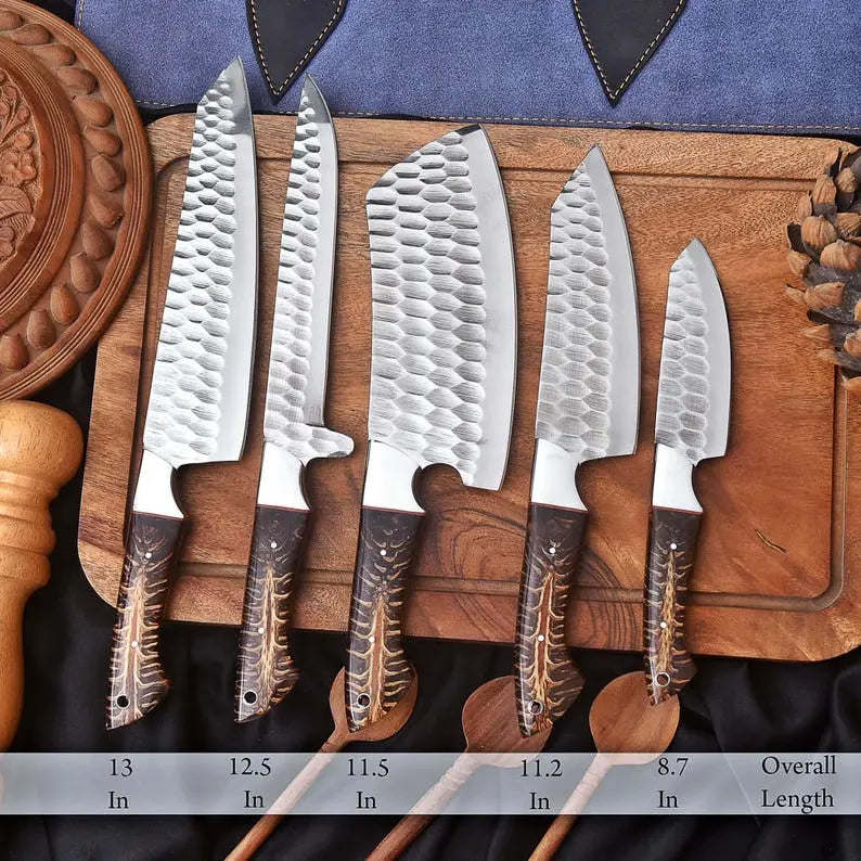 Handmade Chef Knife Set | 5-Piece Hand Forged Stainless Steel Kitchen Knives with Pinecone Resin Handles & Leather Roll Bag, Custom Engraved Gift
