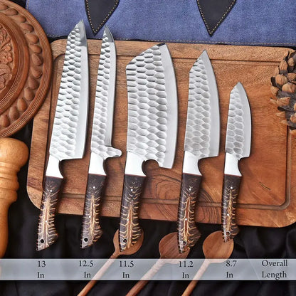 Handmade Chef Knife Set | 5-Piece Hand Forged Stainless Steel Kitchen Knives with Pinecone Resin Handles & Leather Roll Bag, Custom Engraved Gift