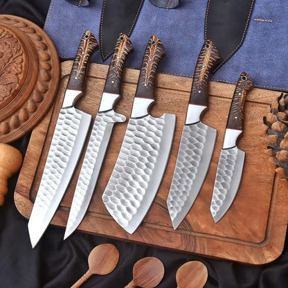 Handmade Chef Knife Set | 5-Piece Hand Forged Stainless Steel Kitchen Knives with Pinecone Resin Handles & Leather Roll Bag, Custom Engraved Gift