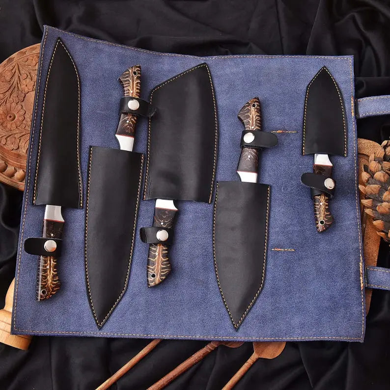 Handmade Chef Knife Set | 5-Piece Hand Forged Stainless Steel Kitchen Knives with Pinecone Resin Handles & Leather Roll Bag, Custom Engraved Gift