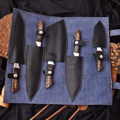 Handmade Chef Knife Set | 5-Piece Hand Forged Stainless Steel Kitchen Knives with Pinecone Resin Handles & Leather Roll Bag, Custom Engraved Gift