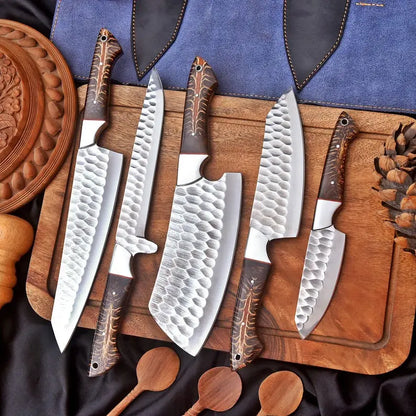 Handmade Chef Knife Set | 5-Piece Hand Forged Stainless Steel Kitchen Knives with Pinecone Resin Handles & Leather Roll Bag, Custom Engraved Gift