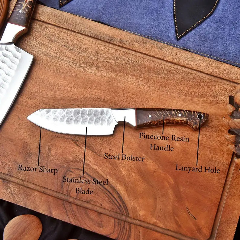 Handmade Chef Knife Set | 5-Piece Hand Forged Stainless Steel Kitchen Knives with Pinecone Resin Handles & Leather Roll Bag, Custom Engraved Gift