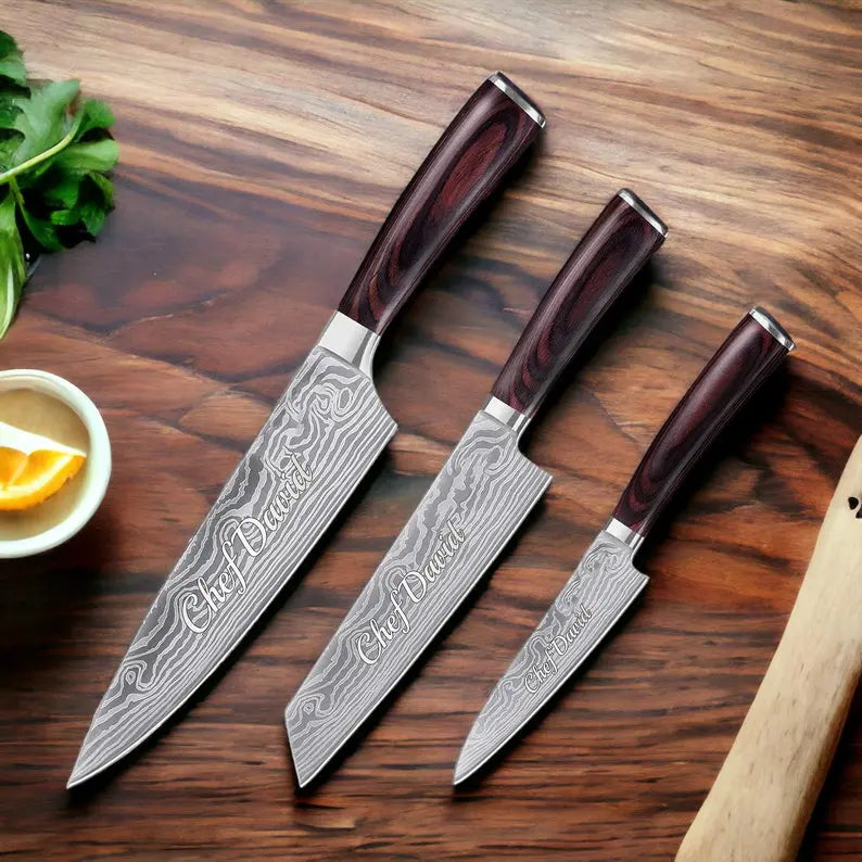 Personalized CHEF KNIFE SET Kitchen Knives Cooking Home Housewarming Birthday Gift for Her Him Mom Dad Men Women Christmas Custom Engraved