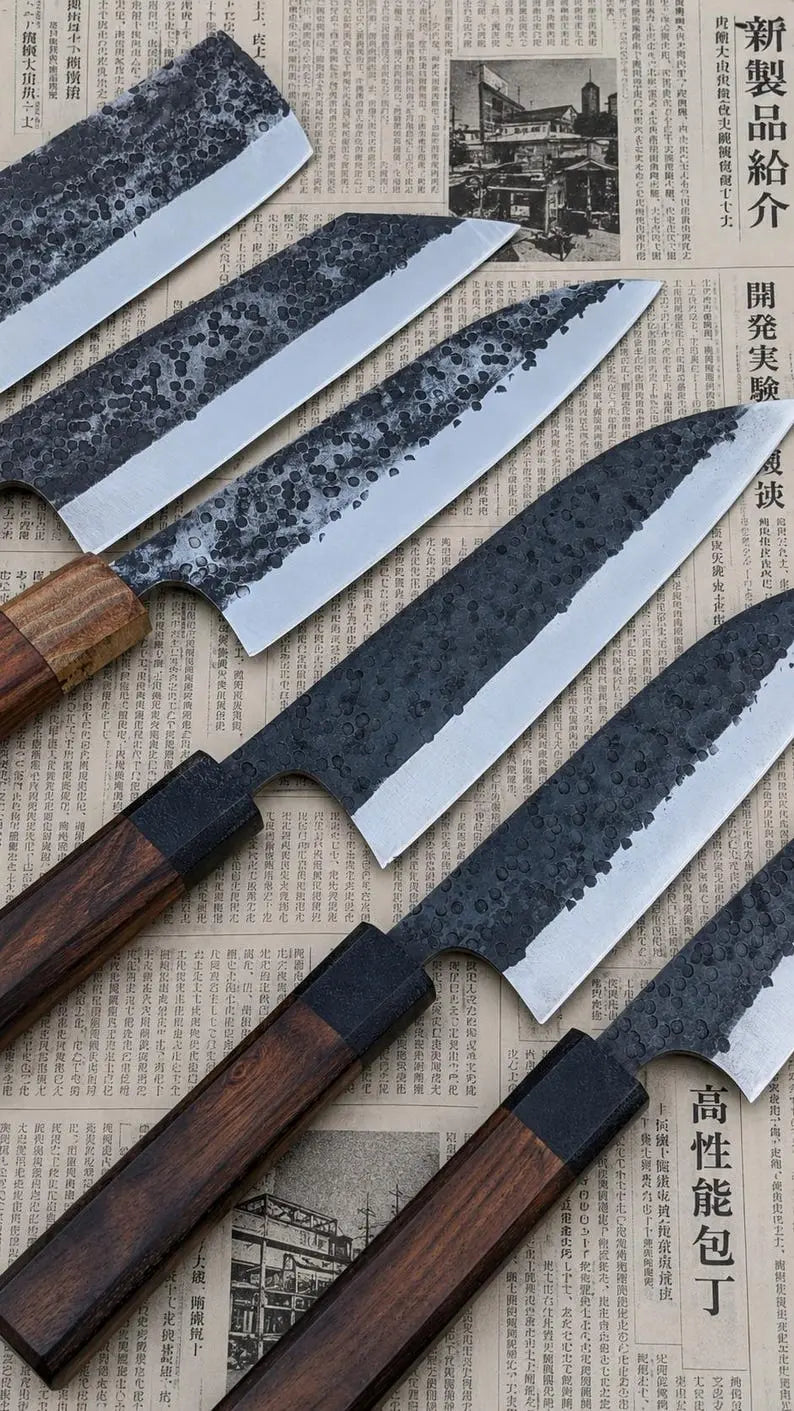 Premium Handmade Forged Japanese Chef Knife Set | High Carbon Steel, Hammered Finish, Professional Kitchen Cutlery