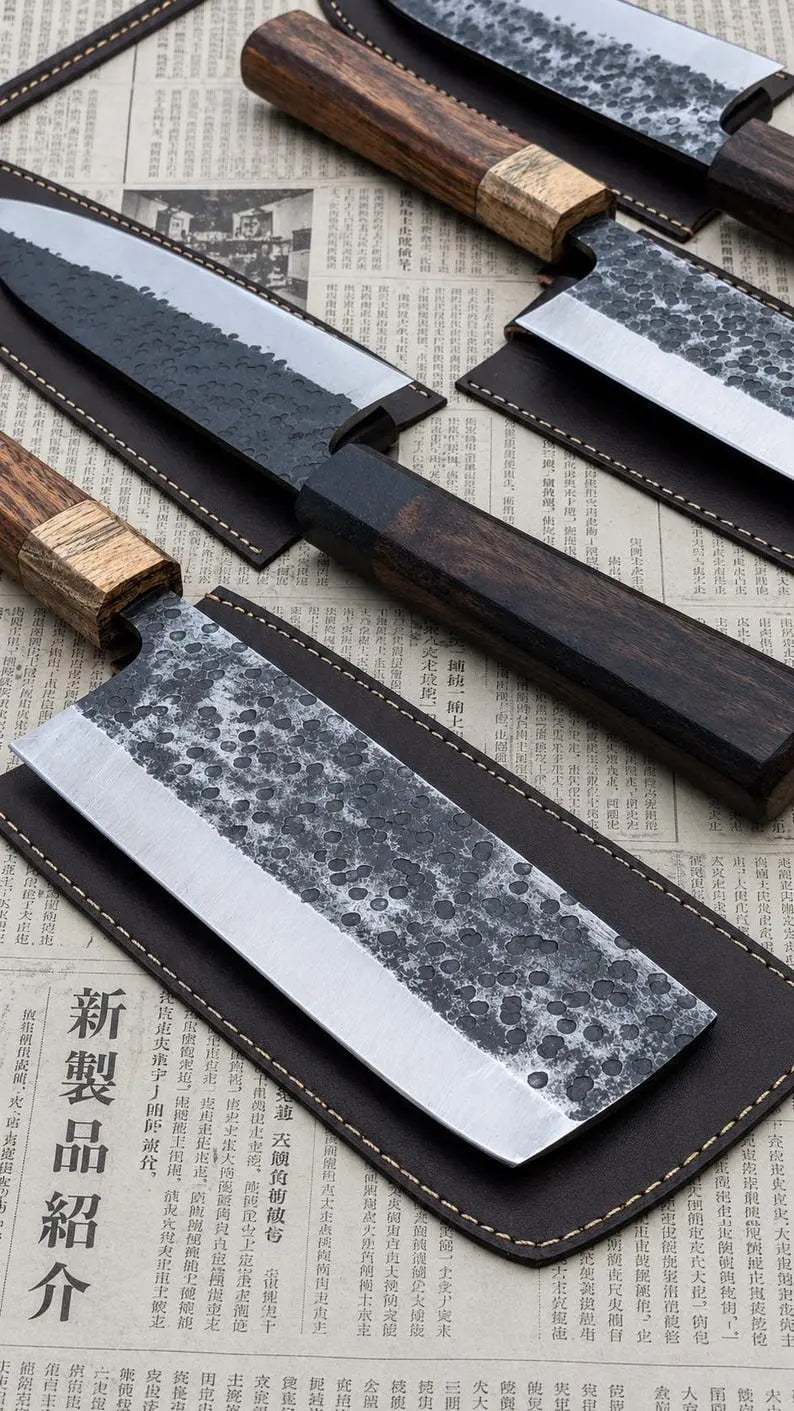 Premium Handmade Forged Japanese Chef Knife Set | High Carbon Steel, Hammered Finish, Professional Kitchen Cutlery