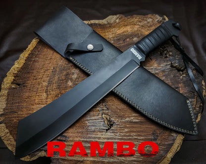 Rambo IV Gil Hibben Replica Handmade Black Machete With Leather Sheath - Vortex Blades