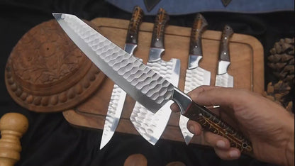 Handmade Chef Knife Set | 5-Piece Hand Forged Stainless Steel Kitchen Knives with Pinecone Resin Handles & Leather Roll Bag, Custom Engraved Gift