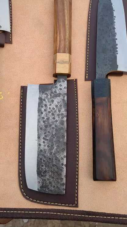 Premium Handmade Forged Japanese Chef Knife Set | High Carbon Steel, Hammered Finish, Professional Kitchen Cutlery